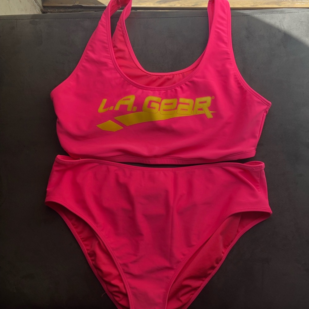 Bright pink with yellow letter LA GEAR bikini
